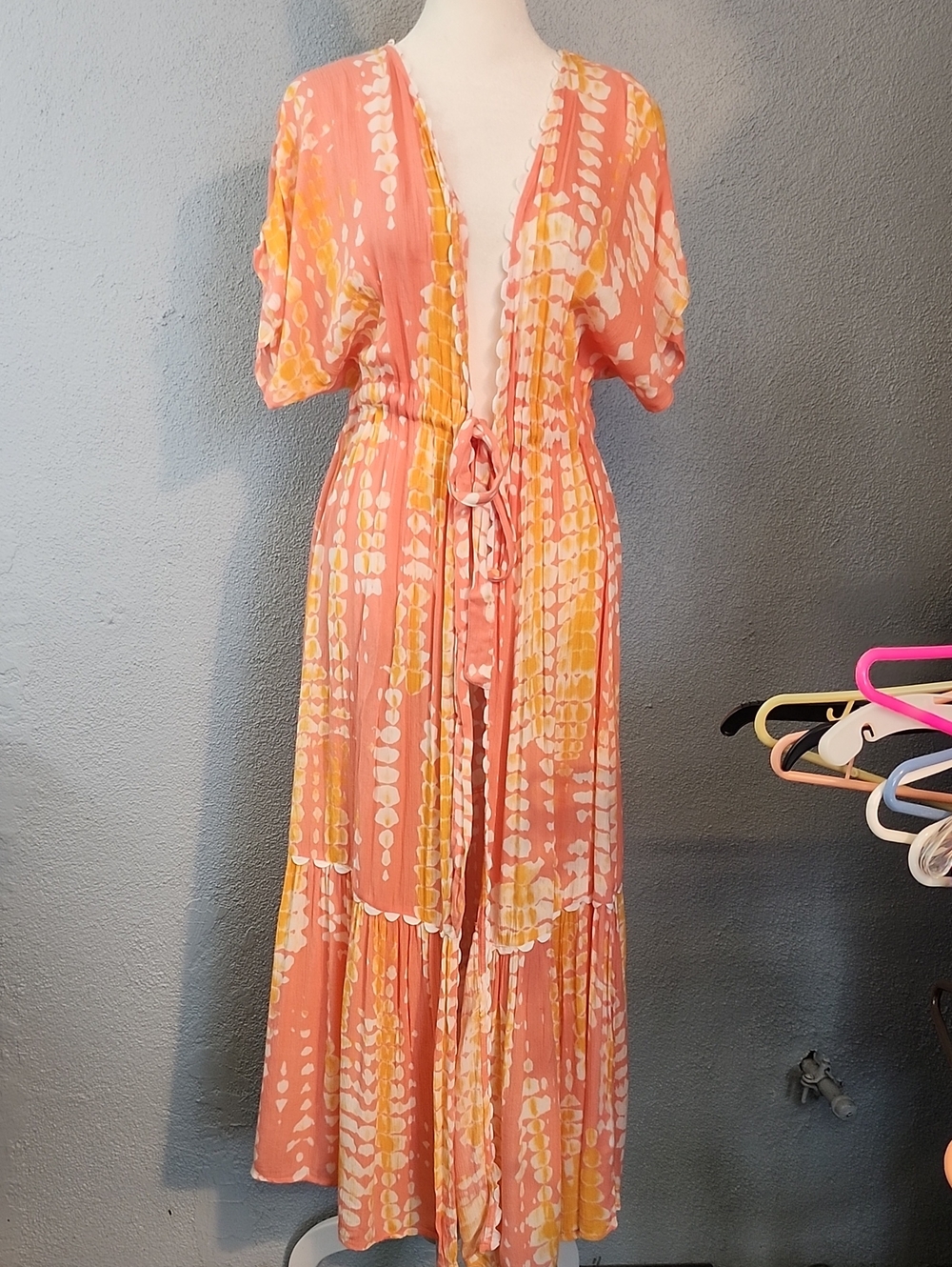 blue island Coral and Yellow Printed Tie-Front Maxi Coverup